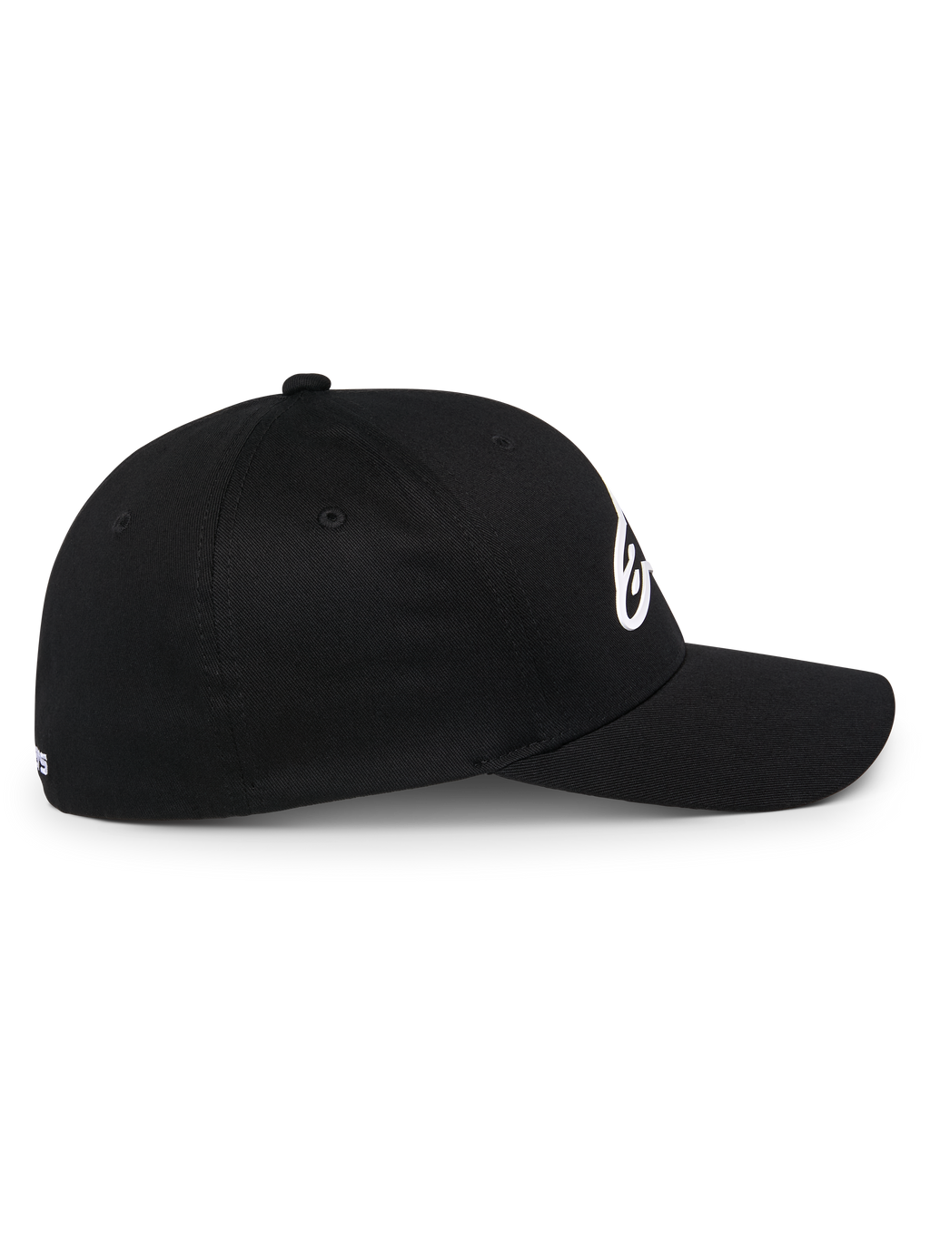 Casquette Alpinestars Ageless Multi, casquette de baseball sportswear noire, vue de profil, visière incurvée et couronne structurée, logo Astars blanc en 3D, style motorsport décontracté