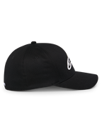 Casquette Alpinestars Ageless Multi, casquette de baseball sportswear noire, vue de profil, visière incurvée et couronne structurée, logo Astars blanc en 3D, style motorsport décontracté