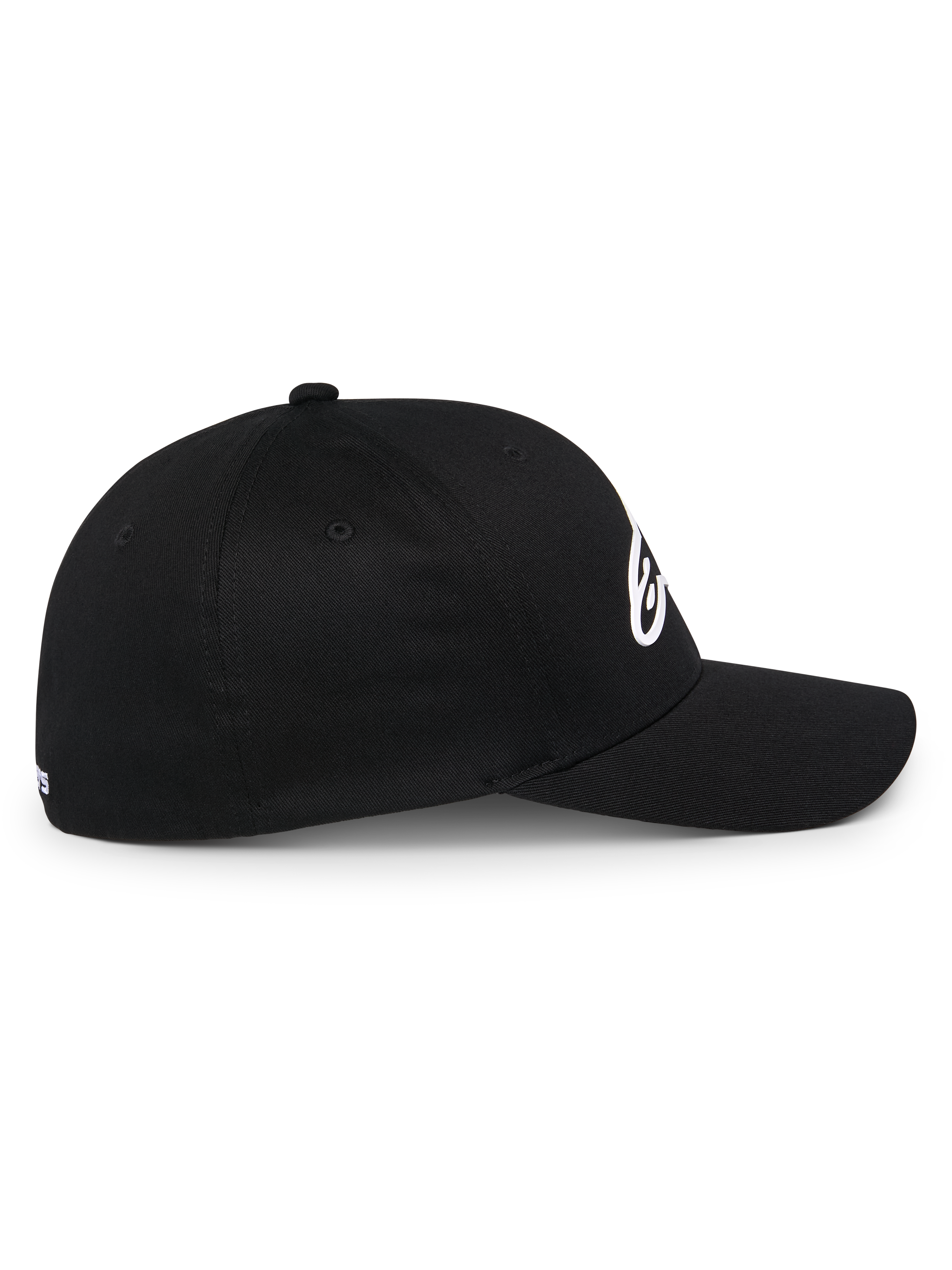 Casquette Alpinestars Ageless Multi, casquette de baseball sportswear noire, vue de profil, visière incurvée et couronne structurée, logo Astars blanc en 3D, style motorsport décontracté