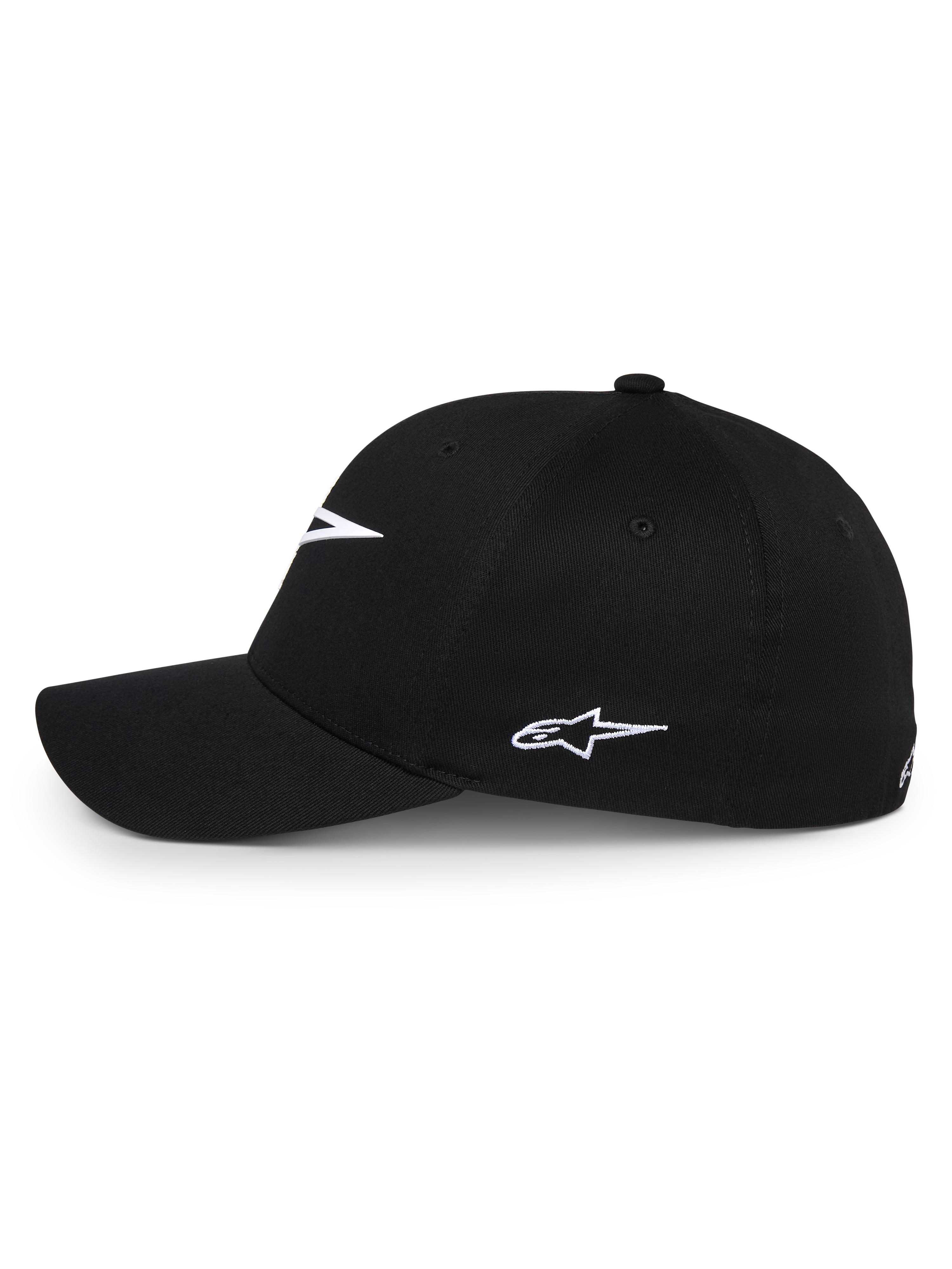 Casquette Alpinestars Ageless Multi, casquette de baseball noire, vue de profil avec logo Astars brodé en blanc, visière incurvée et couronne structurée, style décontracté