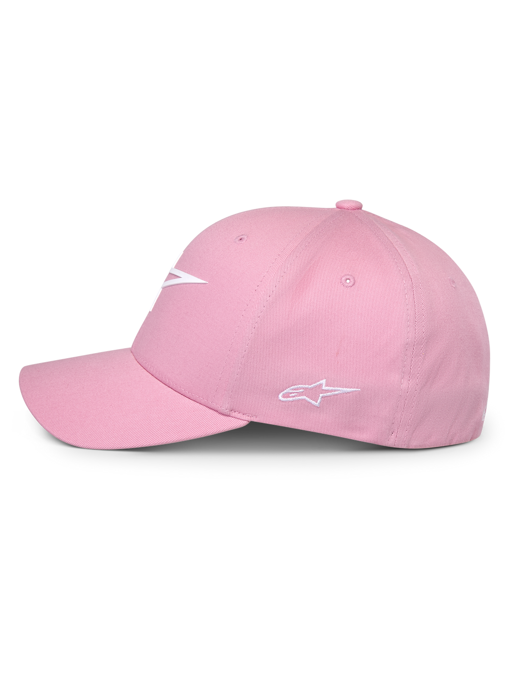 Casquette Alpinestars Ageless Multi, rose, vue de profil, avec logo frontal blanc imprimé en 3D et logo latéral brodé, couronne structurée avec visière incurvée, couvre-chef décontracté inspiré du motorsport
