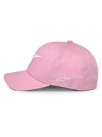 Casquette Alpinestars Ageless Multi, rose, vue de profil, avec logo frontal blanc imprimé en 3D et logo latéral brodé, couronne structurée avec visière incurvée, couvre-chef décontracté inspiré du motorsport