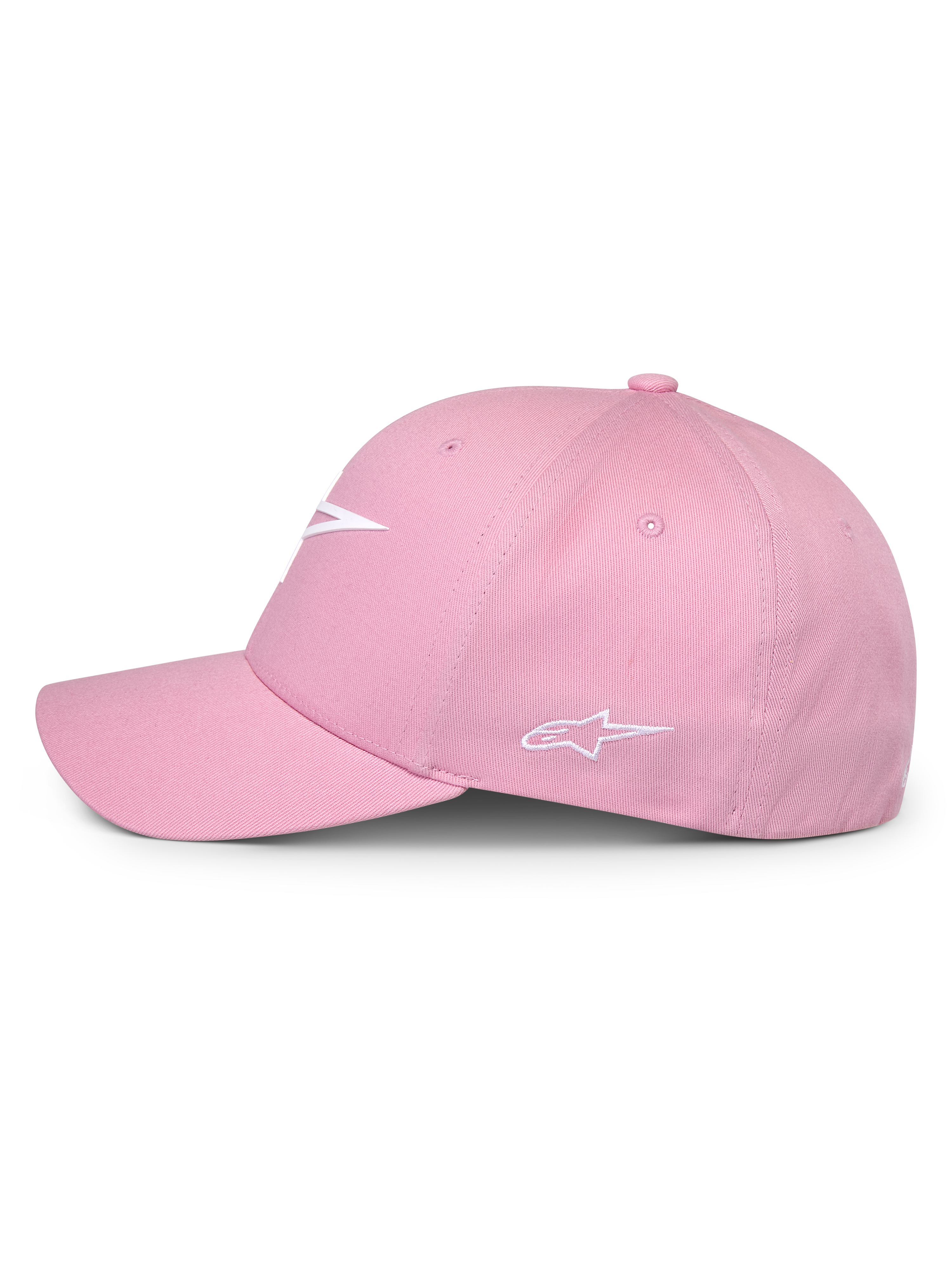 Casquette Alpinestars Ageless Multi, rose, vue de profil, avec logo frontal blanc imprimé en 3D et logo latéral brodé, couronne structurée avec visière incurvée, couvre-chef décontracté inspiré du motorsport