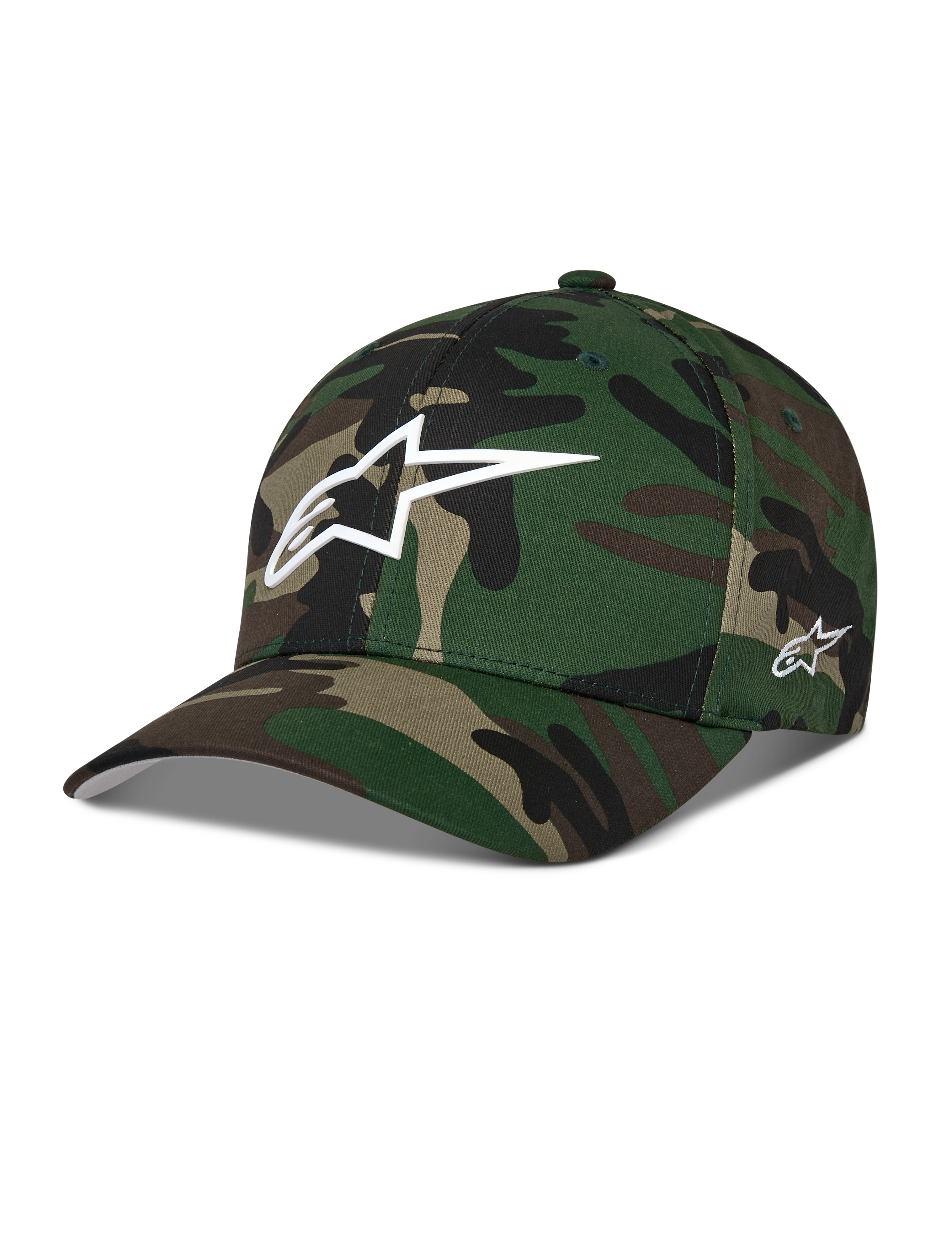 Alpinestars Ageless Multi Hat, Green Camo Baseball Cap, features white 3D Astars logo on front and side embroidery, curved bill, structured crown, casual motorsport-inspired streetwear