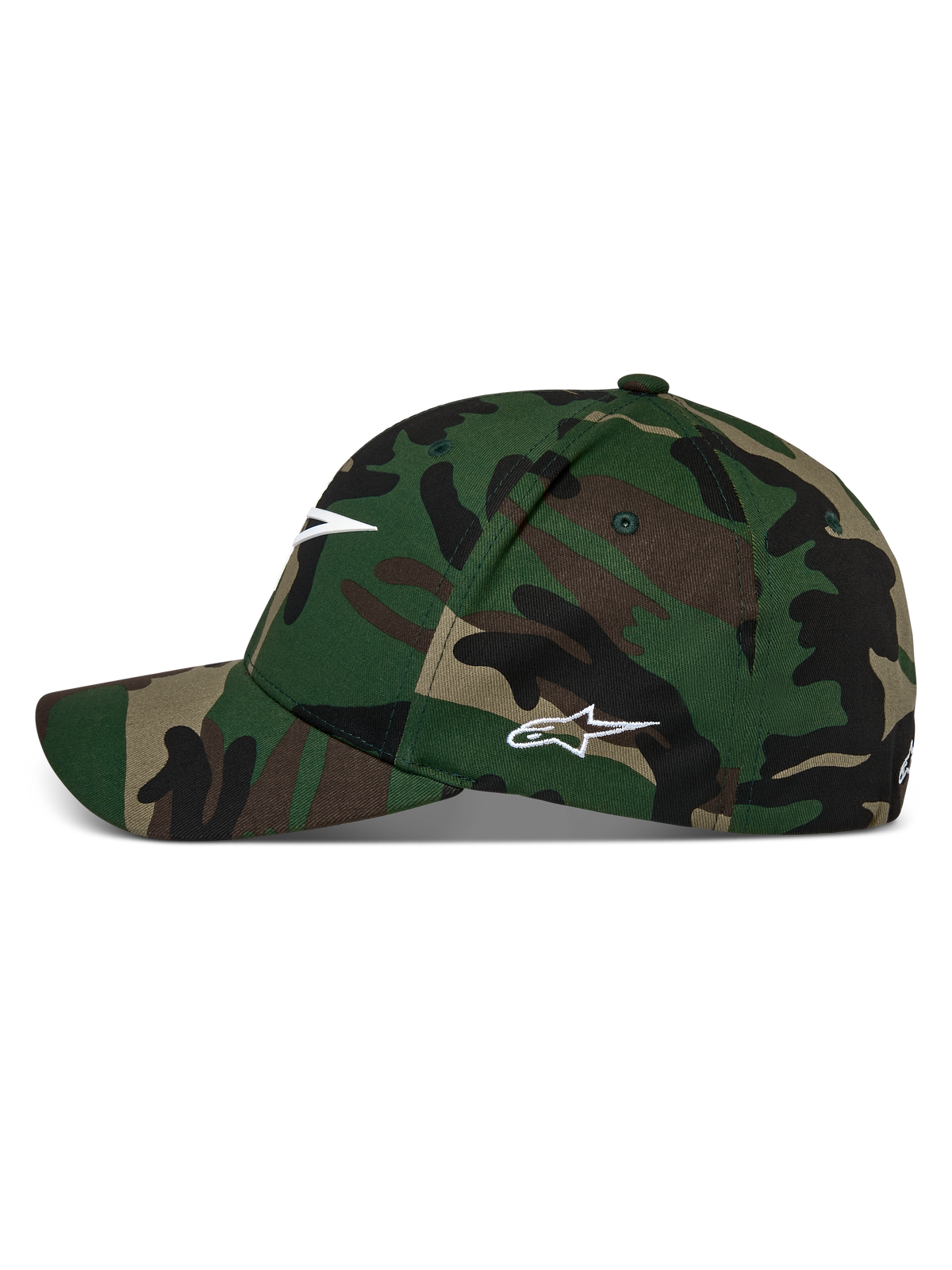 Casquette Alpinestars Ageless Multi, casquette de baseball camouflage vert, visière incurvée avec couronne structurée, logo Astars blanc sur le devant et le côté, style streetwear décontracté pour le sport automobile