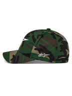Alpinestars Ageless Multi Hat, Green Camo baseball cap, curved bill with structured crown, white Astars logo on front and side, casual motorsport streetwear