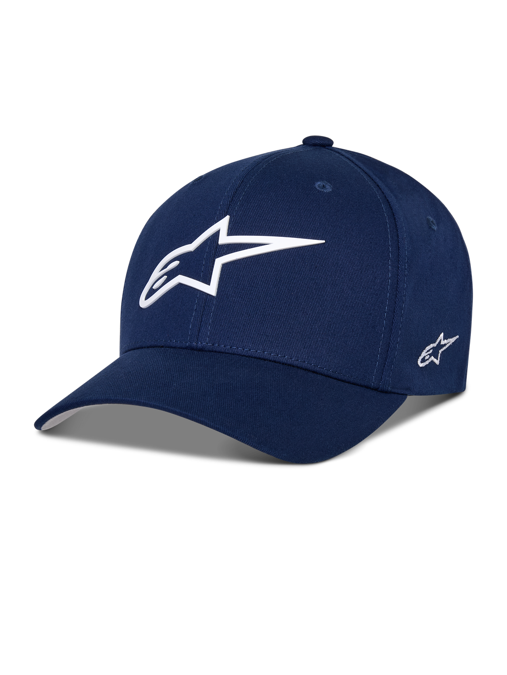 Casquette Alpinestars Ageless Multi, casquette de baseball bleu marine, logo étoile 3D blanc sur le devant, logo brodé sur le côté, visière incurvée, accessoire lifestyle sportswear décontracté