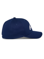 Casquette Alpinestars Ageless Multi, bleu marine, vue de profil d'une casquette de baseball à visière incurvée, couronne structurée, tissu en sergé extensible, style décontracté inspiré du sport automobile