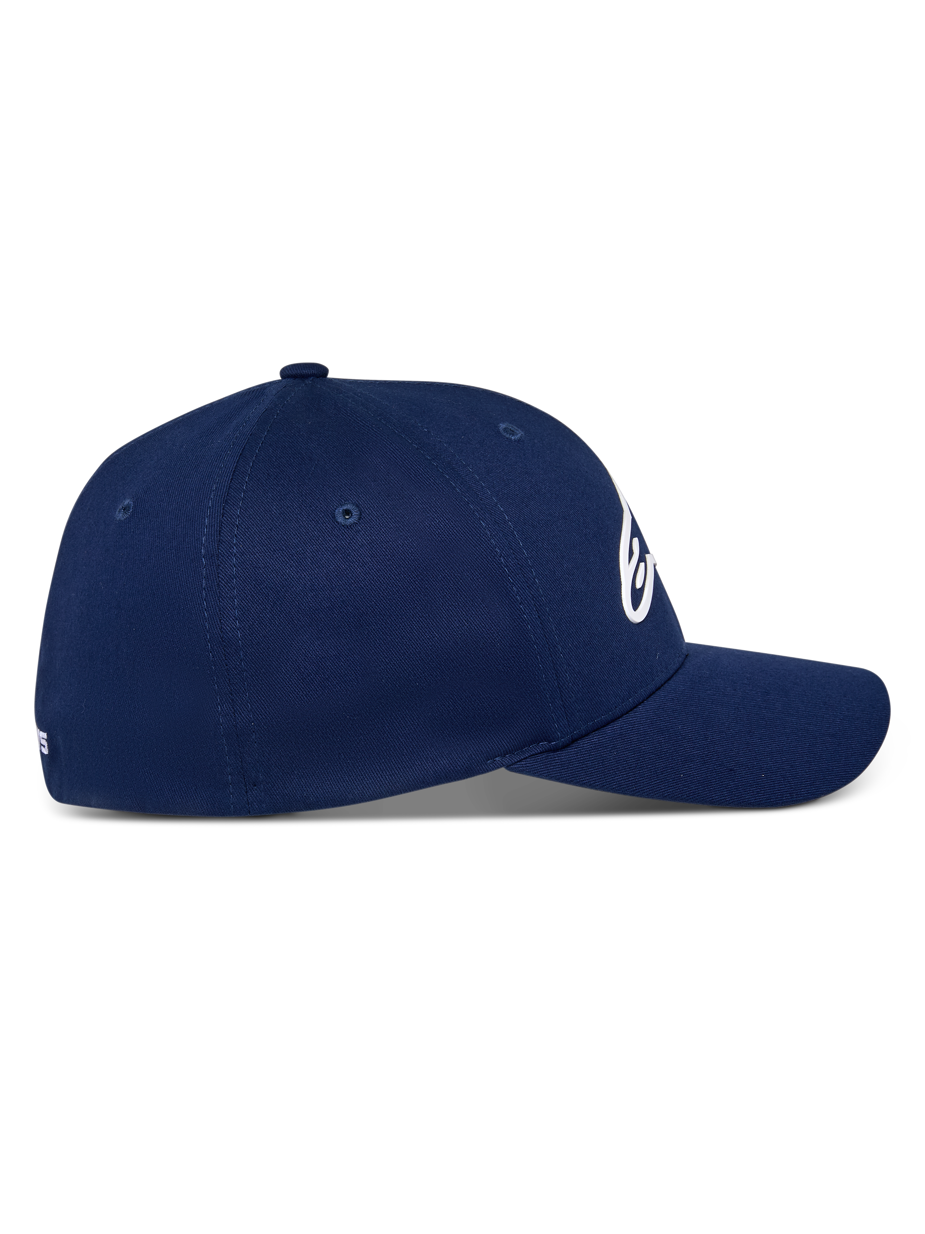 Casquette Alpinestars Ageless Multi, bleu marine, vue de profil d'une casquette de baseball à visière incurvée, couronne structurée, tissu en sergé extensible, style décontracté inspiré du sport automobile