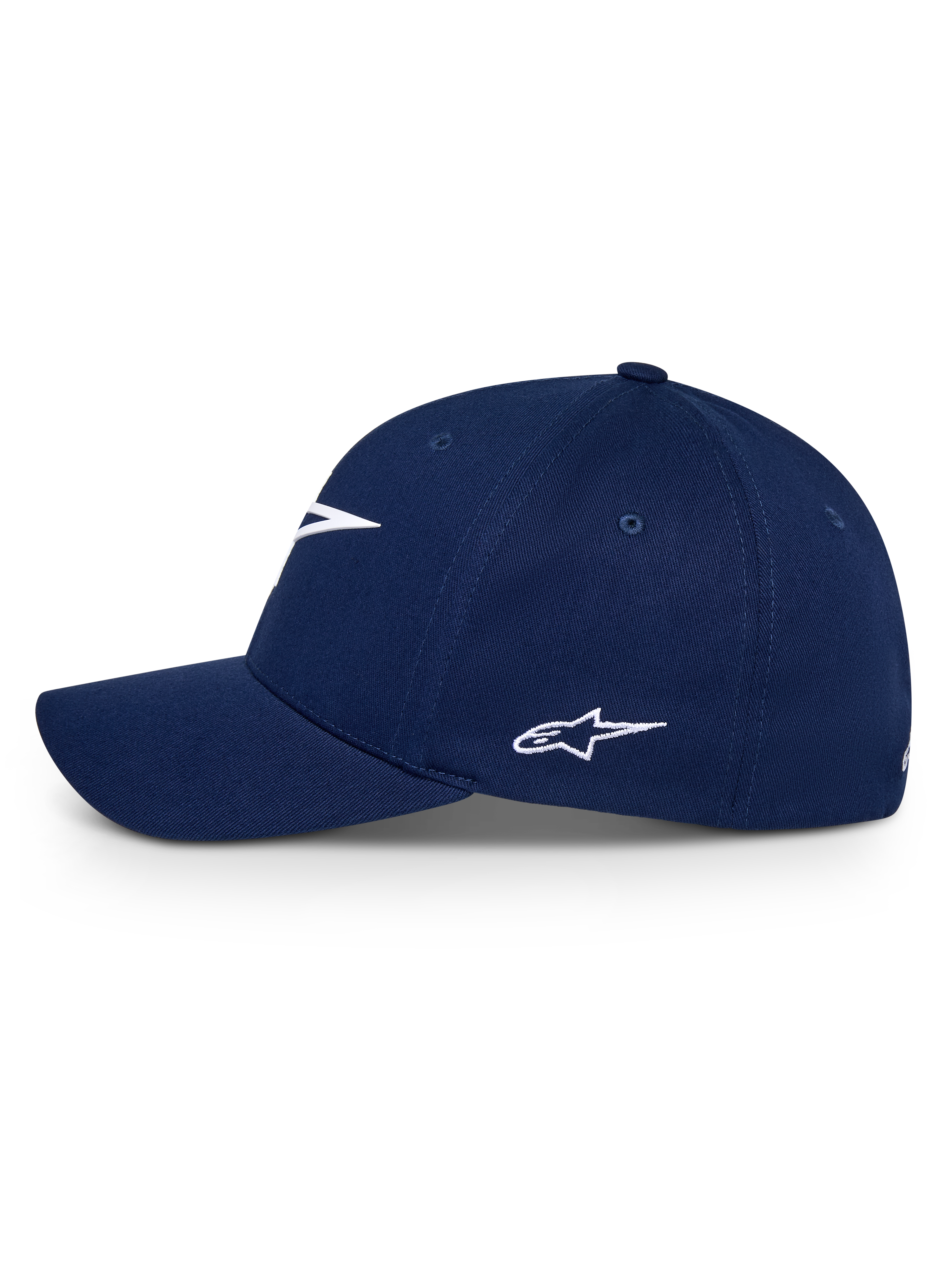 Casquette Alpinestars Ageless Multi, bleu marine, vue de profil d'une casquette de baseball à visière incurvée avec logo Astars blanc brodé, couvre-chef sportswear décontracté
