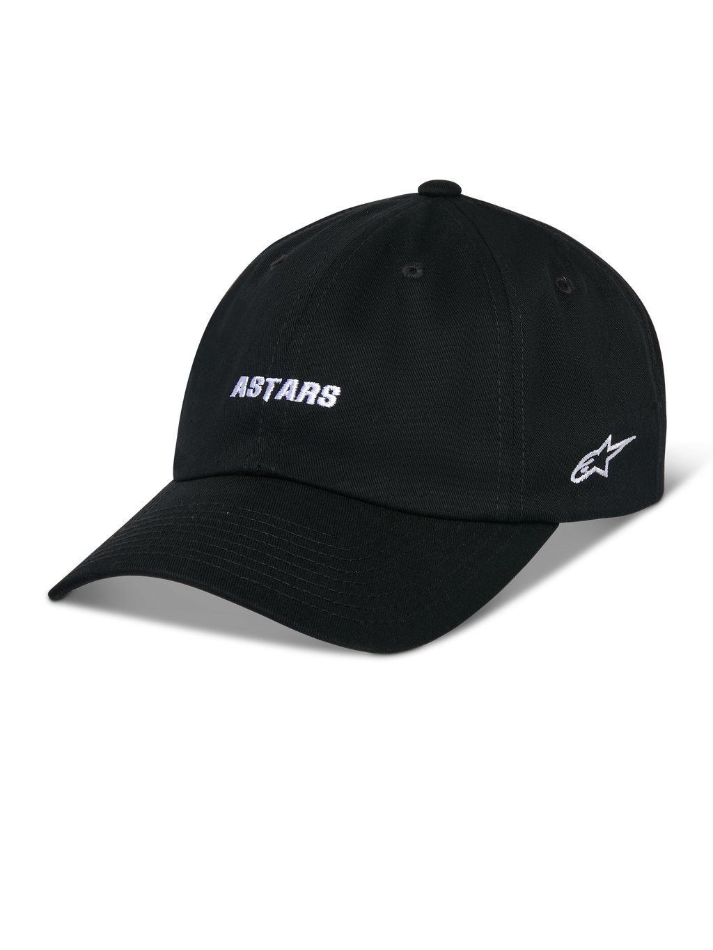 Casquette Alpinestars Deduce Strapback, casquette de baseball noire avec visière courbée, broderie ASTARS blanche à l'avant et logo étoile sur le côté, couronne basse non structurée, tissu en sergé de coton