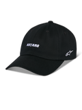 Casquette Alpinestars Deduce Strapback, casquette de baseball noire avec visière courbée, broderie ASTARS blanche à l'avant et logo étoile sur le côté, couronne basse non structurée, tissu en sergé de coton