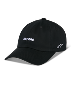 Casquette Alpinestars Deduce Strapback, casquette de baseball noire avec visière courbée, broderie ASTARS blanche à l'avant et logo étoile sur le côté, couronne basse non structurée, tissu en sergé de coton