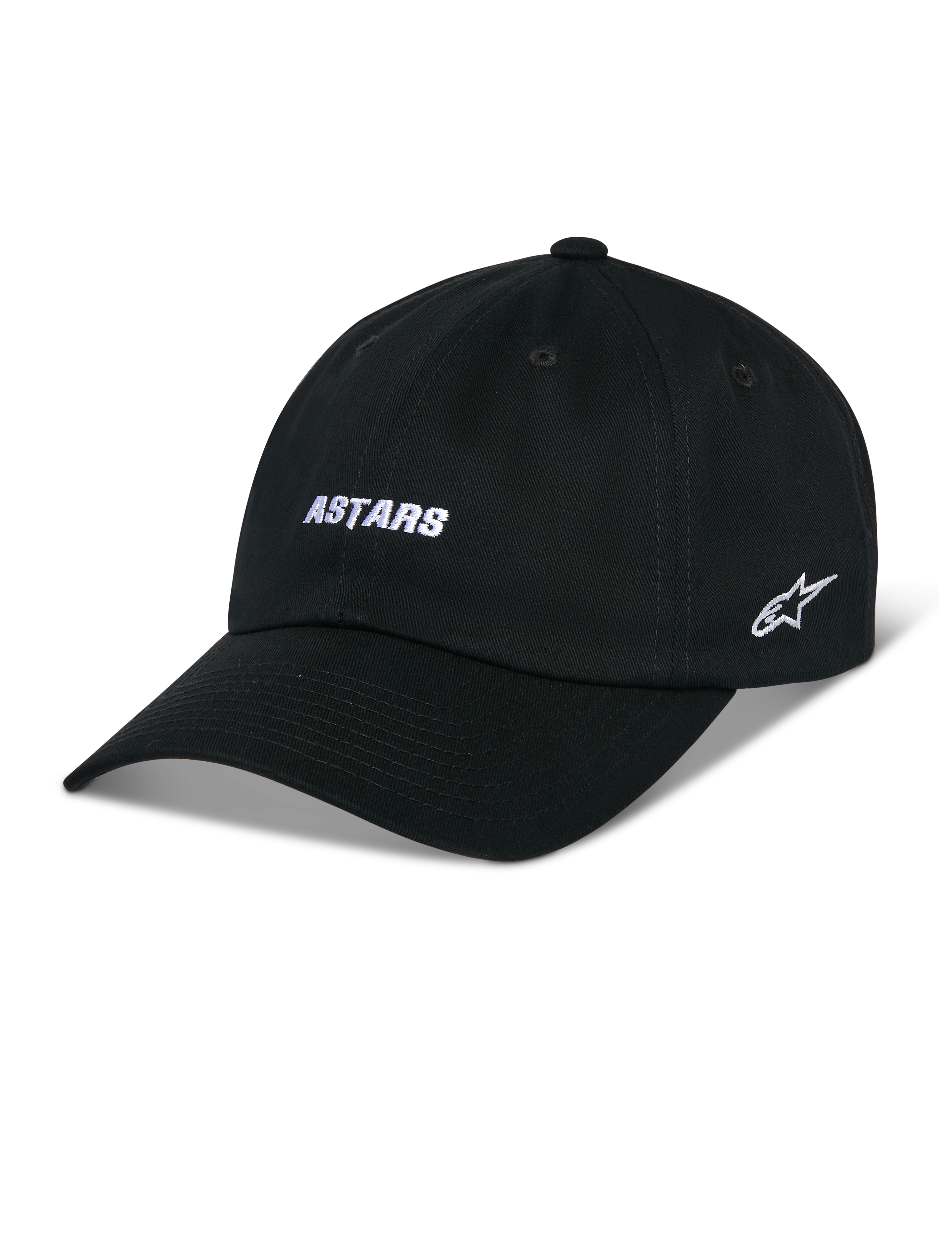 Casquette Alpinestars Deduce Strapback, casquette de baseball noire avec visière courbée, broderie ASTARS blanche à l'avant et logo étoile sur le côté, couronne basse non structurée, tissu en sergé de coton