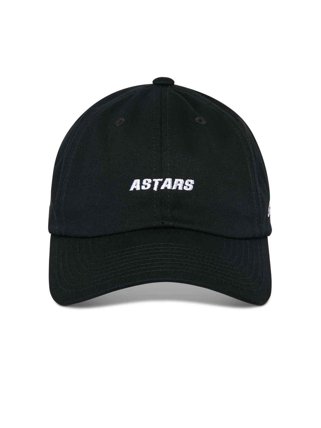 Casquette Alpinestars Deduce Strapback, noire, vue de face montrant la broderie ASTARS blanche, visière courbée, couronne basse non structurée, accessoire de sport automobile décontracté