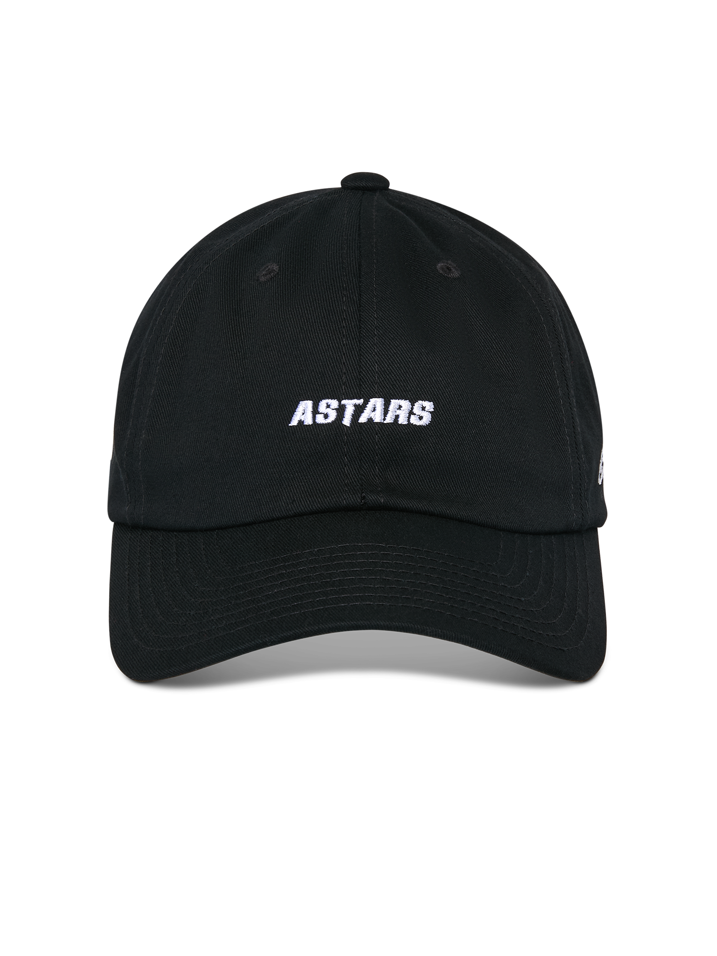 Casquette Alpinestars Deduce Strapback, noire, vue de face montrant la broderie ASTARS blanche, visière courbée, couronne basse non structurée, accessoire de sport automobile décontracté
