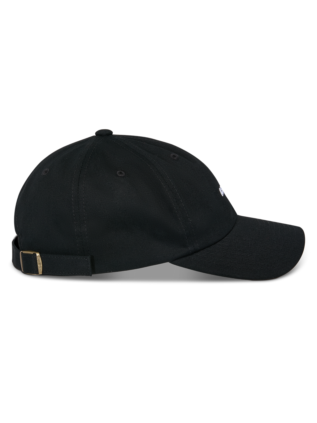 Casquette Alpinestars Deduce Strapback, noire, vue de profil, visière courbée avec couronne basse non structurée, tissu en sergé de coton, fermeture arrière réglable avec boucle métallique, accessoire décontracté inspiré du sport automobile