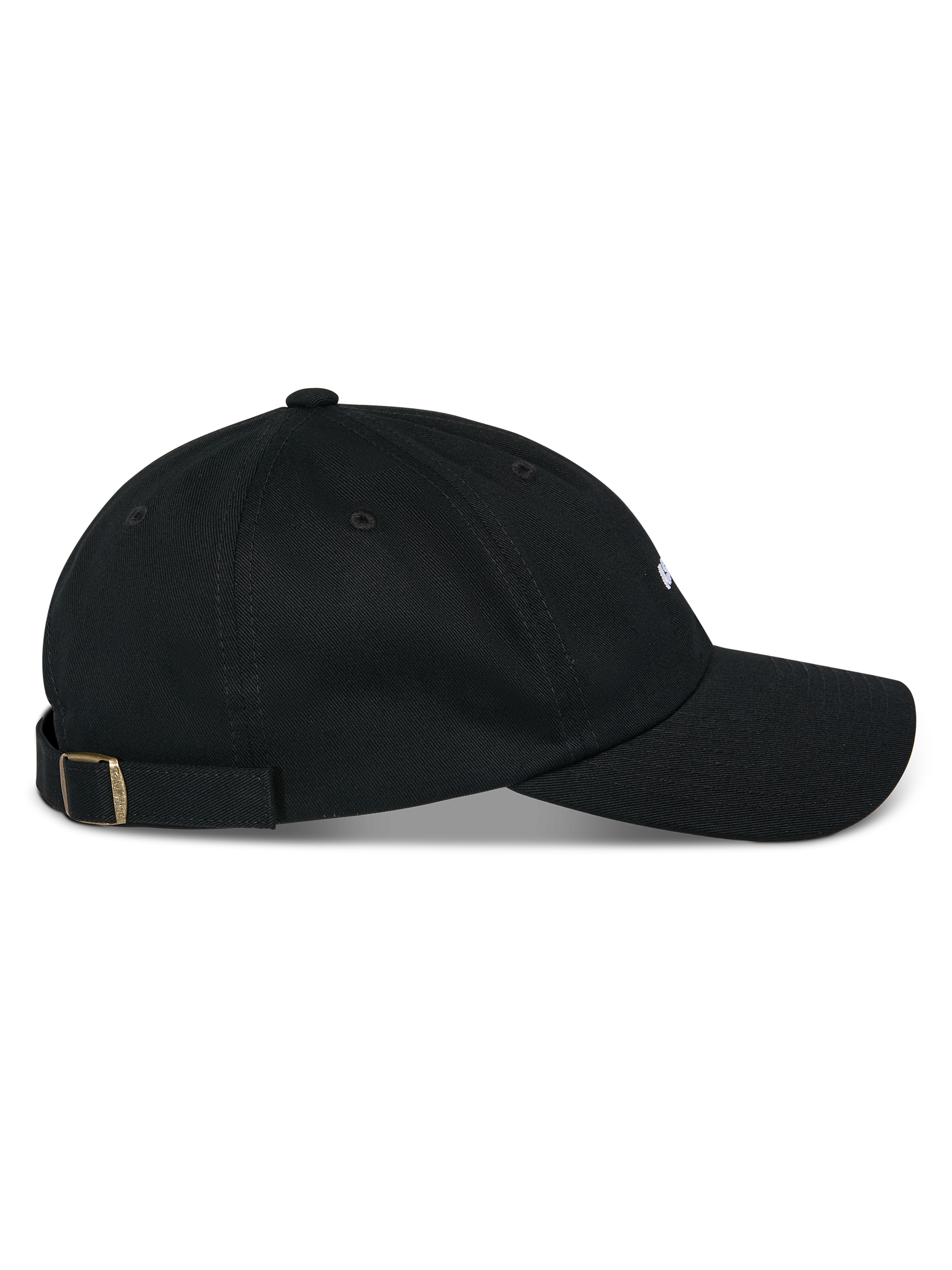 Casquette Alpinestars Deduce Strapback, noire, vue de profil, visière courbée avec couronne basse non structurée, tissu en sergé de coton, fermeture arrière réglable avec boucle métallique, accessoire décontracté inspiré du sport automobile