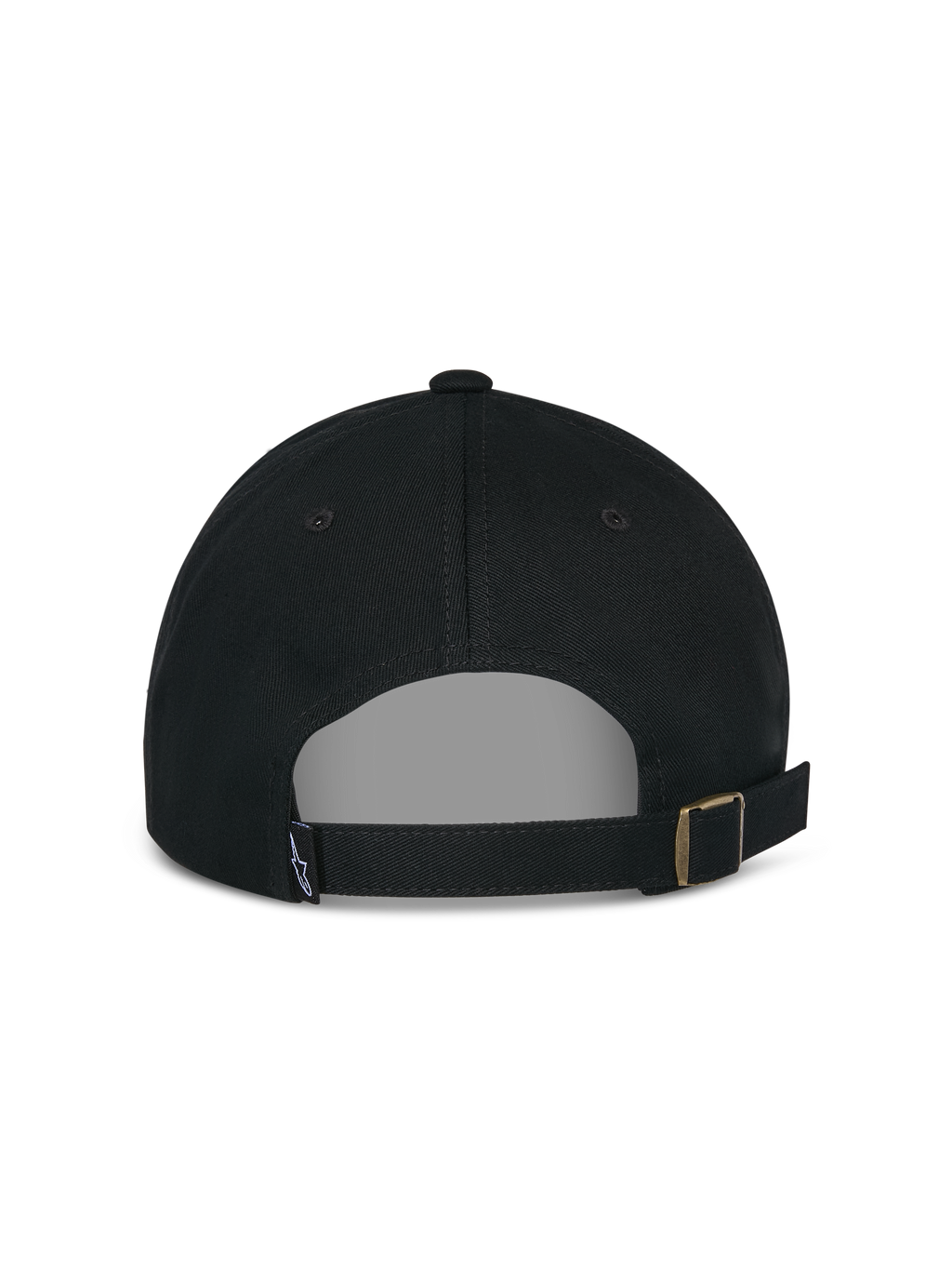 Casquette Alpinestars Deduce Strapback, noire, vue arrière avec fermeture par sangle réglable et boucle métallique, petite étiquette logo, casquette décontractée en sergé de coton