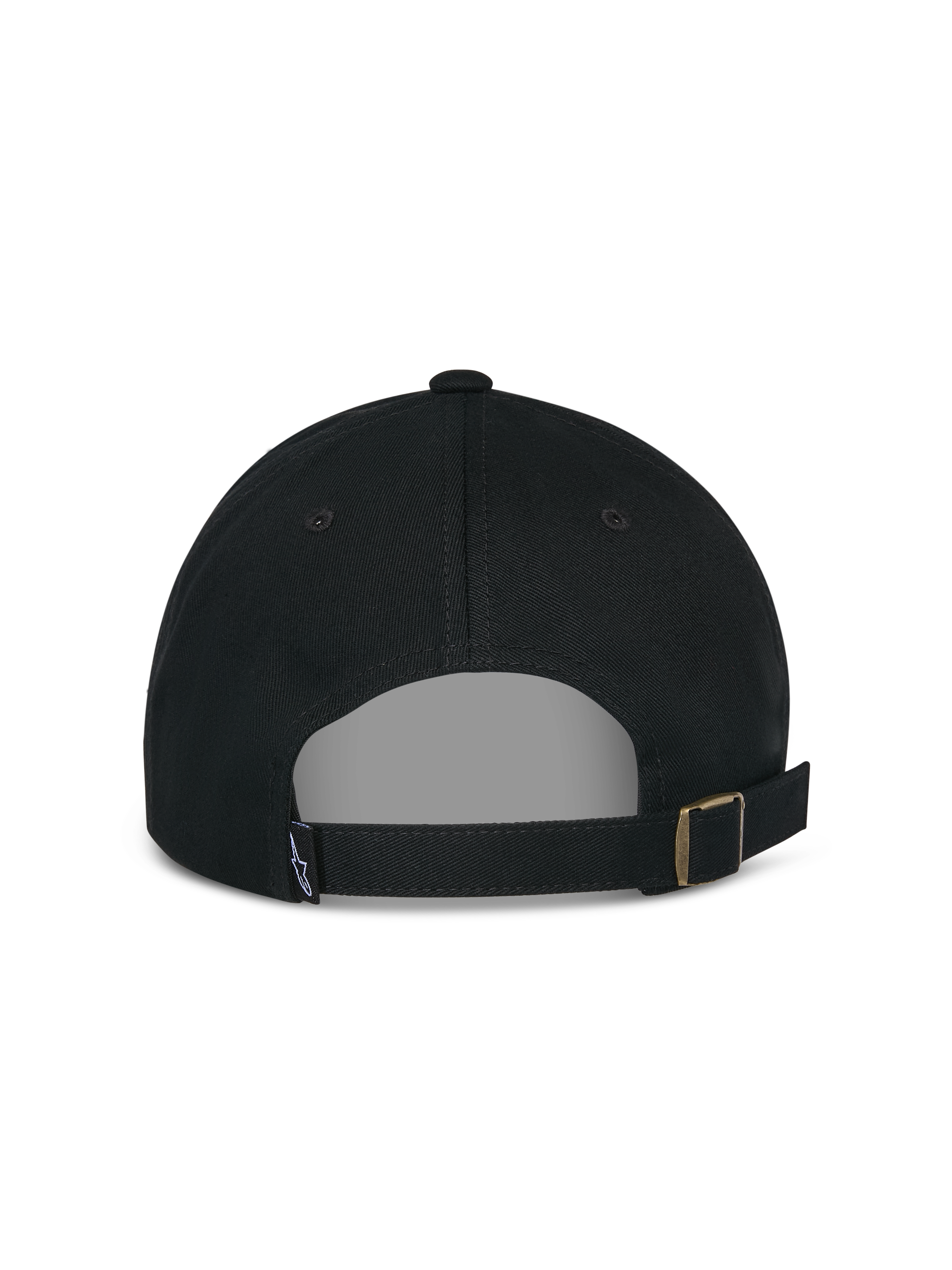 Casquette Alpinestars Deduce Strapback, noire, vue arrière avec fermeture par sangle réglable et boucle métallique, petite étiquette logo, casquette décontractée en sergé de coton