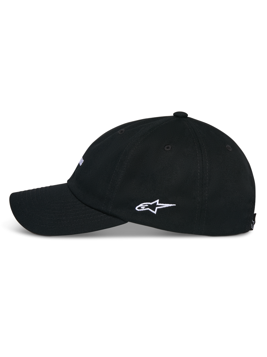 Casquette Alpinestars Deduce Strapback, noire, vue de profil avec visière courbée et broderie blanche du logo Astars sur le côté, accessoire décontracté en sergé de coton