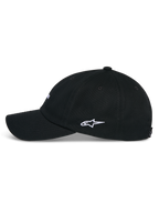 Casquette Alpinestars Deduce Strapback, noire, vue de profil avec visière courbée et broderie blanche du logo Astars sur le côté, accessoire décontracté en sergé de coton