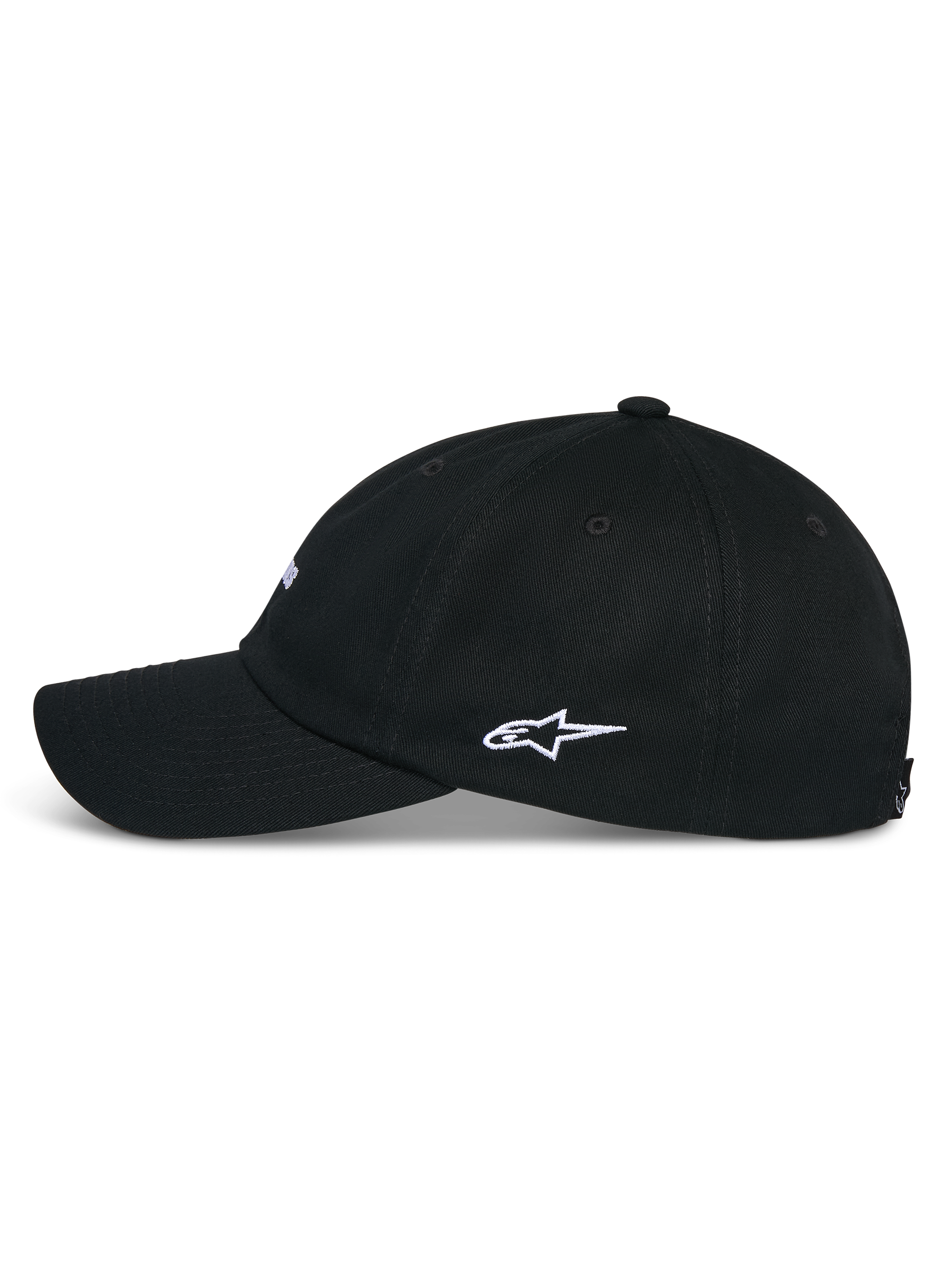 Casquette Alpinestars Deduce Strapback, noire, vue de profil avec visière courbée et broderie blanche du logo Astars sur le côté, accessoire décontracté en sergé de coton