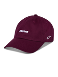 Alpinestars Casquette Deduce Strapback, casquette de baseball bordeaux, broderie blanche « ASTARS » à l'avant, logo étoile sur le côté, visière courbée, streetwear décontracté motorsport