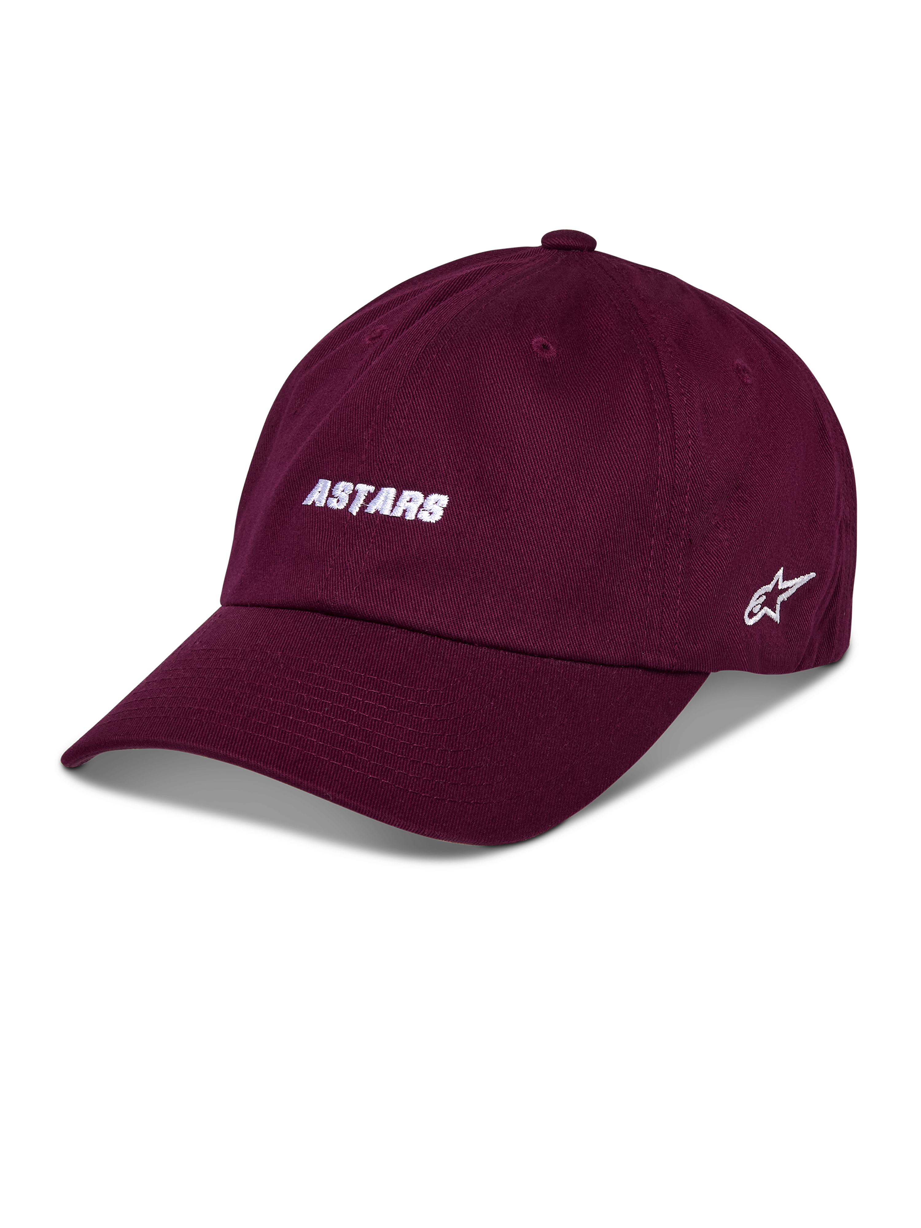 Alpinestars Casquette Deduce Strapback, casquette de baseball bordeaux, broderie blanche « ASTARS » à l'avant, logo étoile sur le côté, visière courbée, streetwear décontracté motorsport
