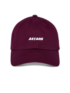 Casquette Alpinestars Deduce Strapback, bordeaux, broderie ASTARS blanche à l'avant, visière courbée avec couronne basse non structurée, couvre-chef sportswear décontracté