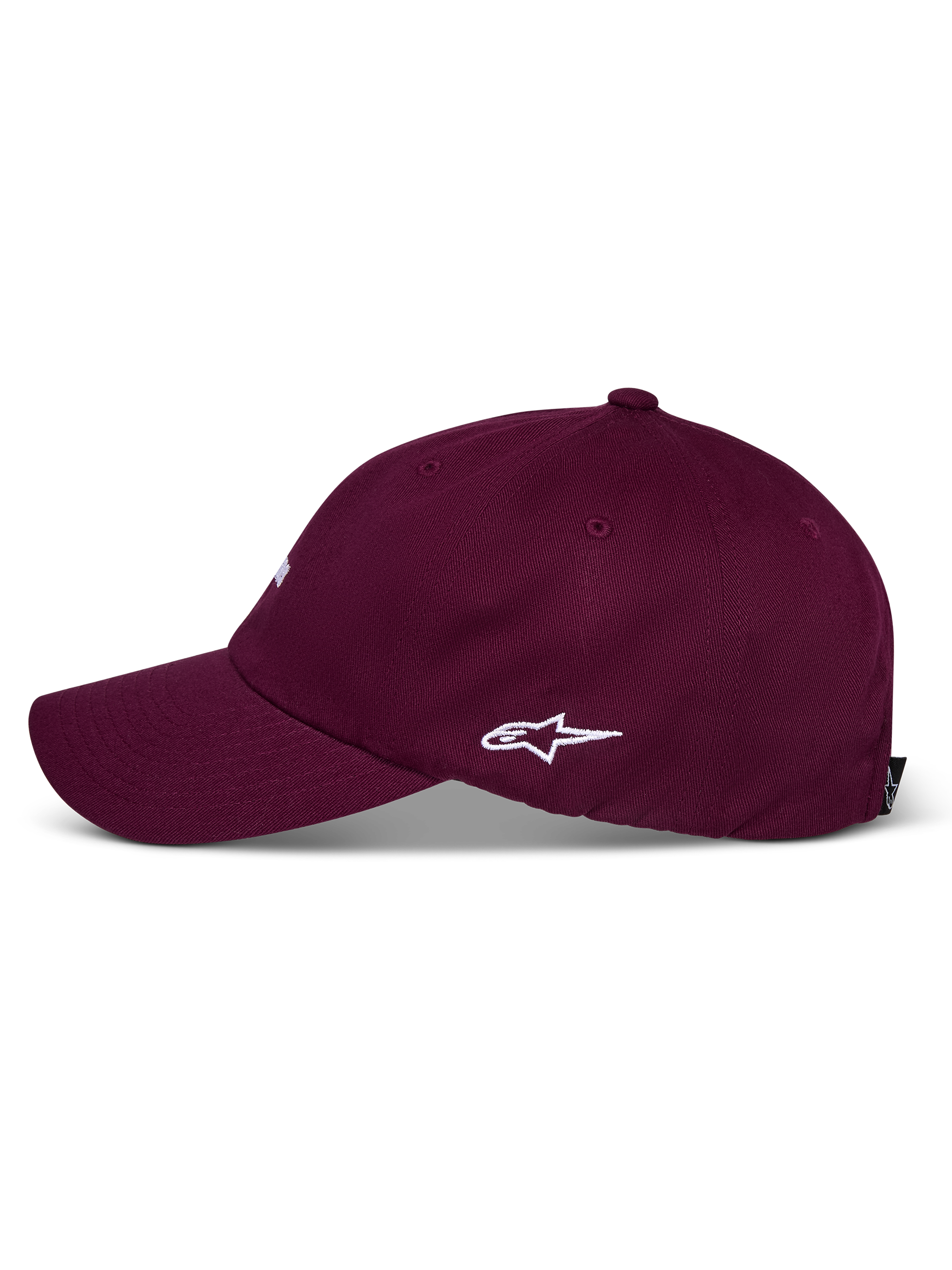Casquette Alpinestars Deduce Strapback, bordeaux, vue de profil avec logo Astars brodé blanc, visière courbée, couronne basse non structurée, couvre-chef décontracté en sergé de coton