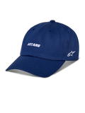 Casquette Alpinestars Deduce Strapback, casquette de baseball bleue, lettrage ASTARS et logo étoile latéral brodés en blanc, visière courbée, style streetwear décontracté motorsport