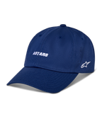 Casquette Alpinestars Deduce Strapback, casquette de baseball bleue, lettrage ASTARS et logo étoile latéral brodés en blanc, visière courbée, style streetwear décontracté motorsport