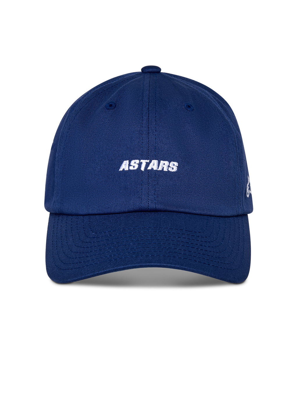 Casquette Alpinestars Deduce Strapback, casquette sportswear, bleu, broderie blanche du mot ASTARS à l'avant, visière courbée, couronne basse non structurée, couvre-chef décontracté inspiré du sport automobile