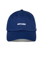 Casquette Alpinestars Deduce Strapback, casquette sportswear, bleu, broderie blanche du mot ASTARS à l'avant, visière courbée, couronne basse non structurée, couvre-chef décontracté inspiré du sport automobile