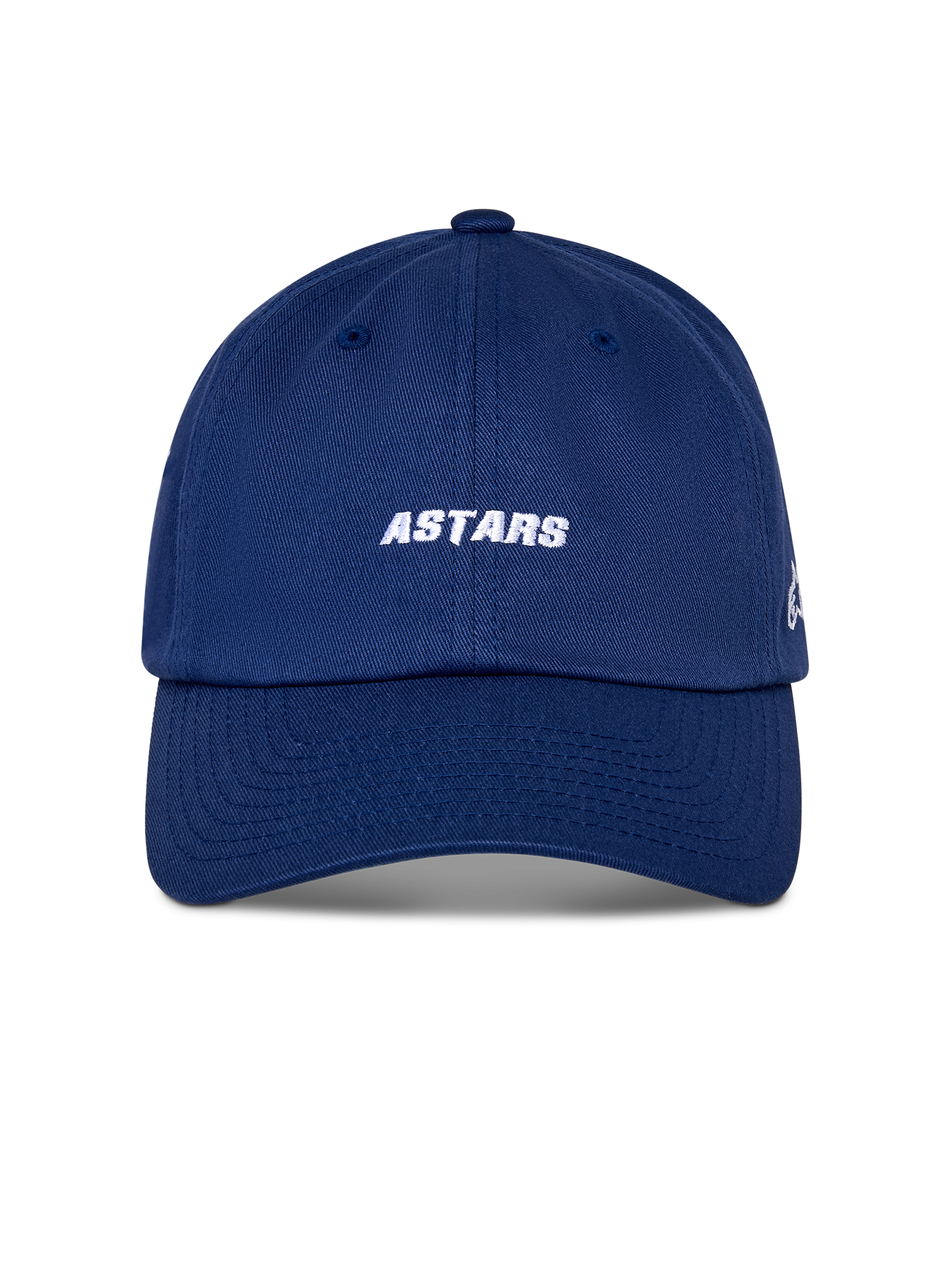 Casquette Alpinestars Deduce Strapback, casquette sportswear, bleu, broderie blanche du mot ASTARS à l'avant, visière courbée, couronne basse non structurée, couvre-chef décontracté inspiré du sport automobile