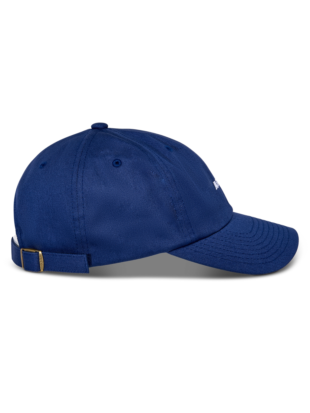 Casquette Alpinestars Deduce Strapback, bleu, vue de profil, visière courbée, fermeture réglable par sangle avec boucle en laiton, construction en sergé de coton, couvre-chef décontracté avec logo blanc brodé