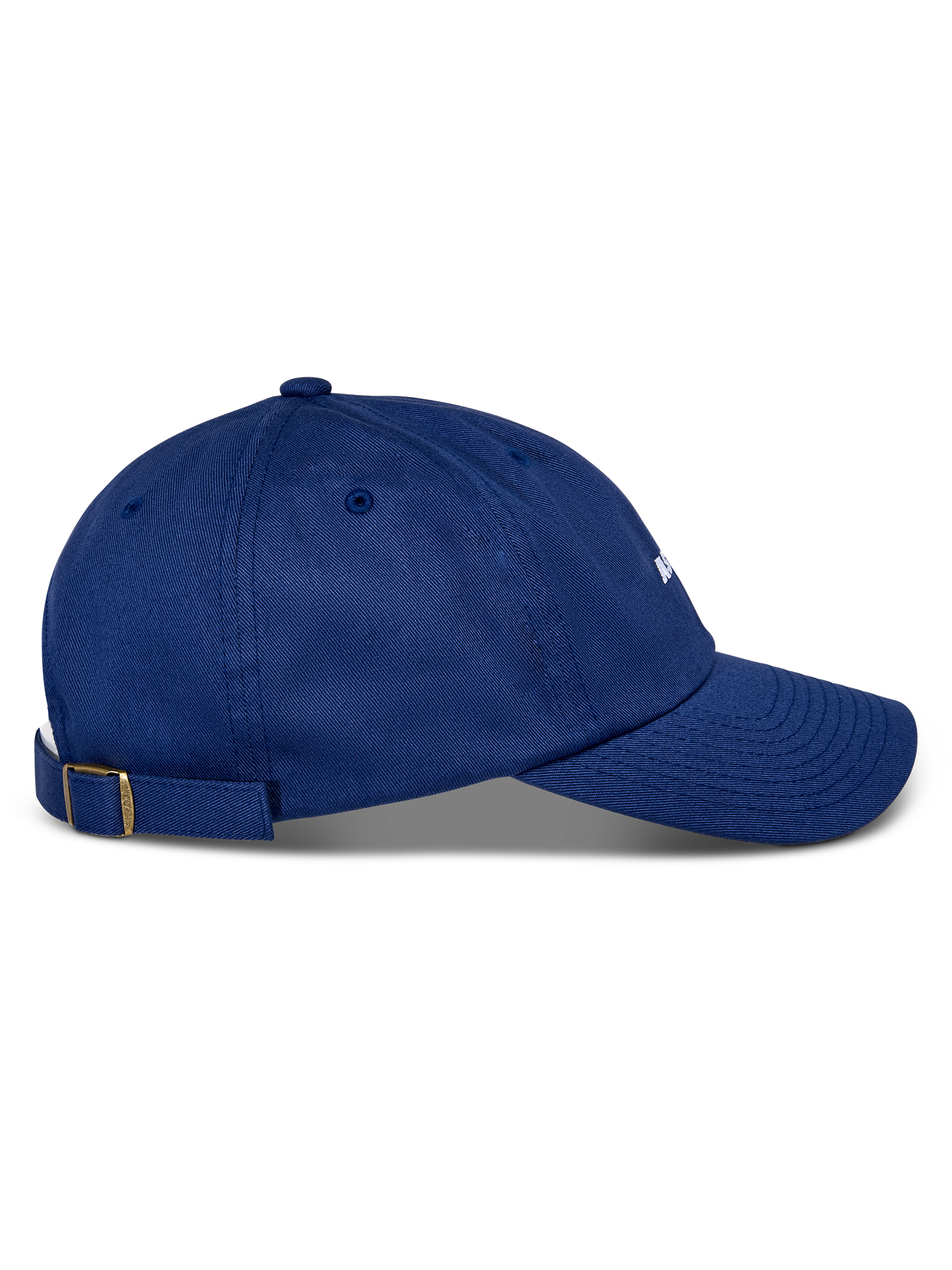 Casquette Alpinestars Deduce Strapback, bleu, vue de profil, visière courbée, fermeture réglable par sangle avec boucle en laiton, construction en sergé de coton, couvre-chef décontracté avec logo blanc brodé