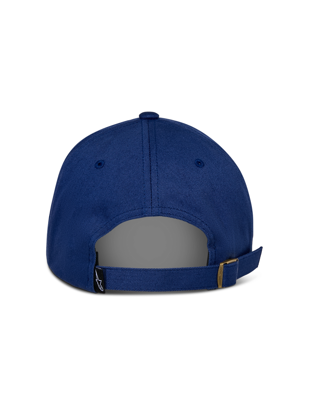 Casquette Alpinestars Deduce Strapback, bleue, vue arrière montrant la fermeture réglable avec boucle métallique, petite étiquette noire avec logo Astars, construction décontractée en sergé de coton