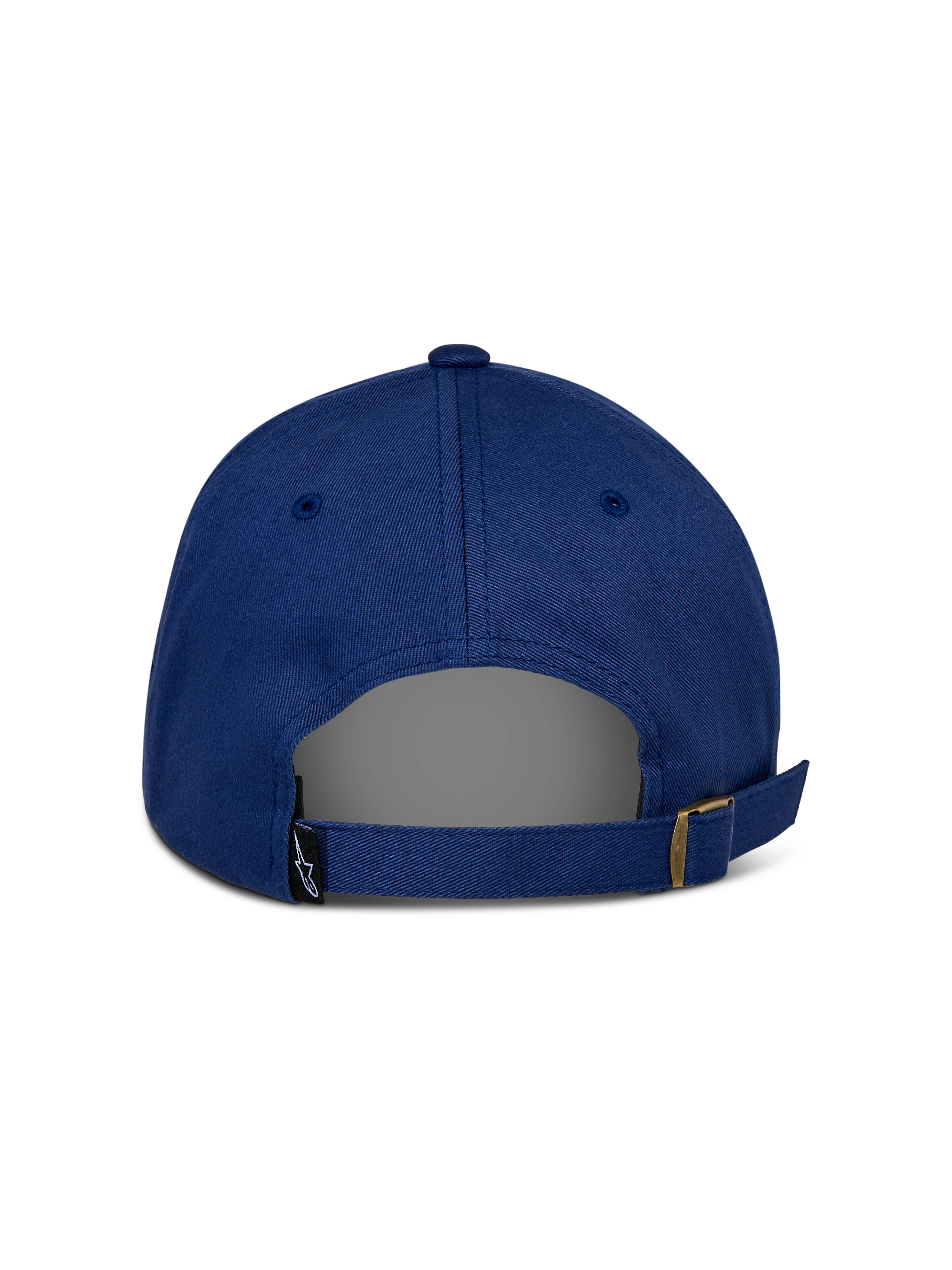 Casquette Alpinestars Deduce Strapback, bleue, vue arrière montrant la fermeture réglable avec boucle métallique, petite étiquette noire avec logo Astars, construction décontractée en sergé de coton