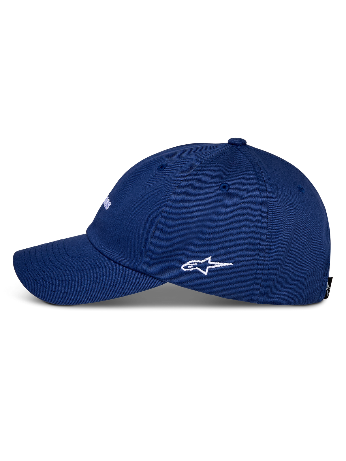 Casquette Alpinestars Deduce Strapback, bleue, vue de profil montrant une visière courbée et un logo Astars blanc brodé, conception en sergé de coton, style sportswear décontracté