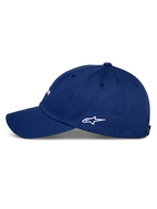 Casquette Alpinestars Deduce Strapback, bleue, vue de profil montrant une visière courbée et un logo Astars blanc brodé, conception en sergé de coton, style sportswear décontracté