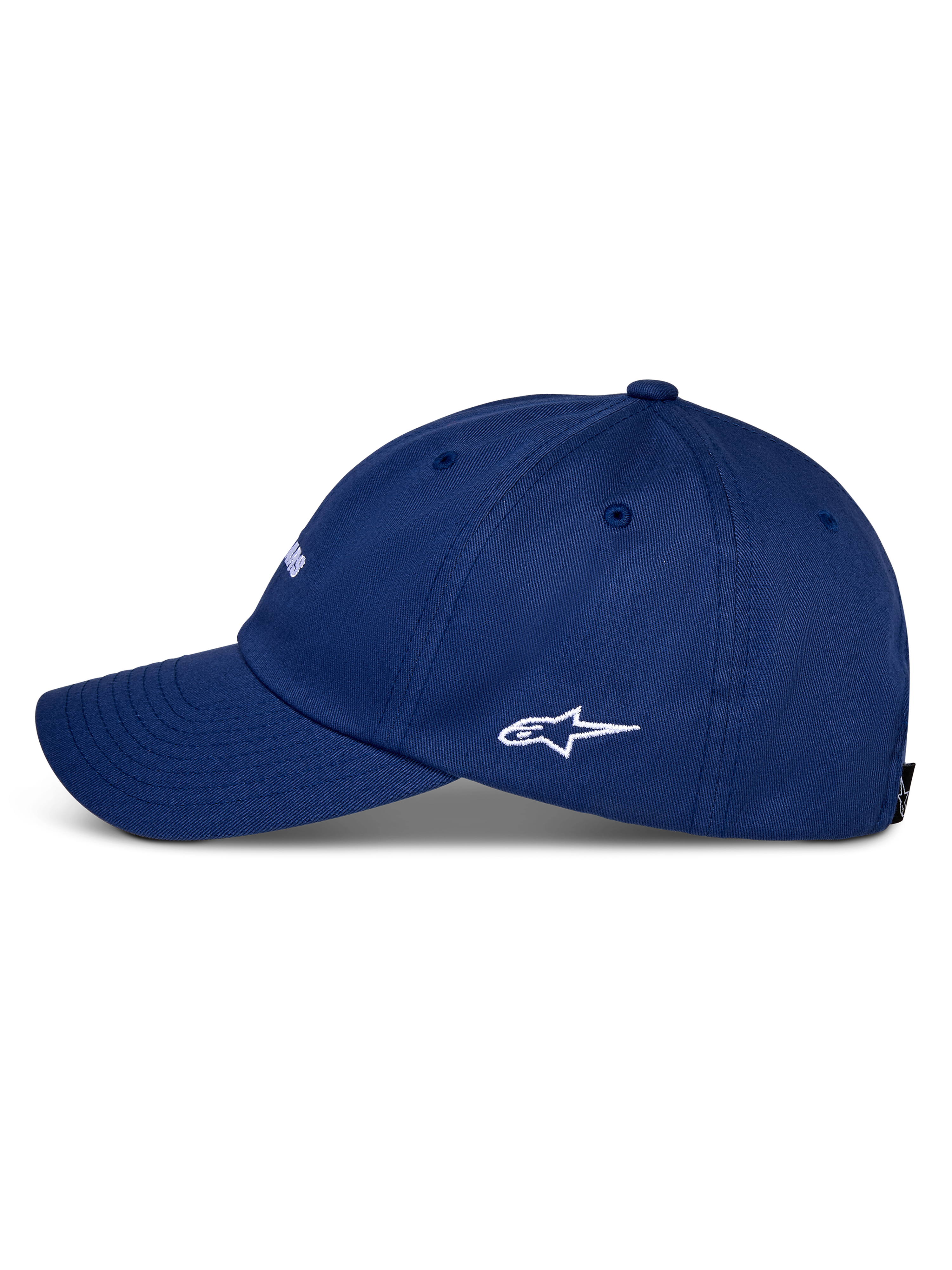 Casquette Alpinestars Deduce Strapback, bleue, vue de profil montrant une visière courbée et un logo Astars blanc brodé, conception en sergé de coton, style sportswear décontracté