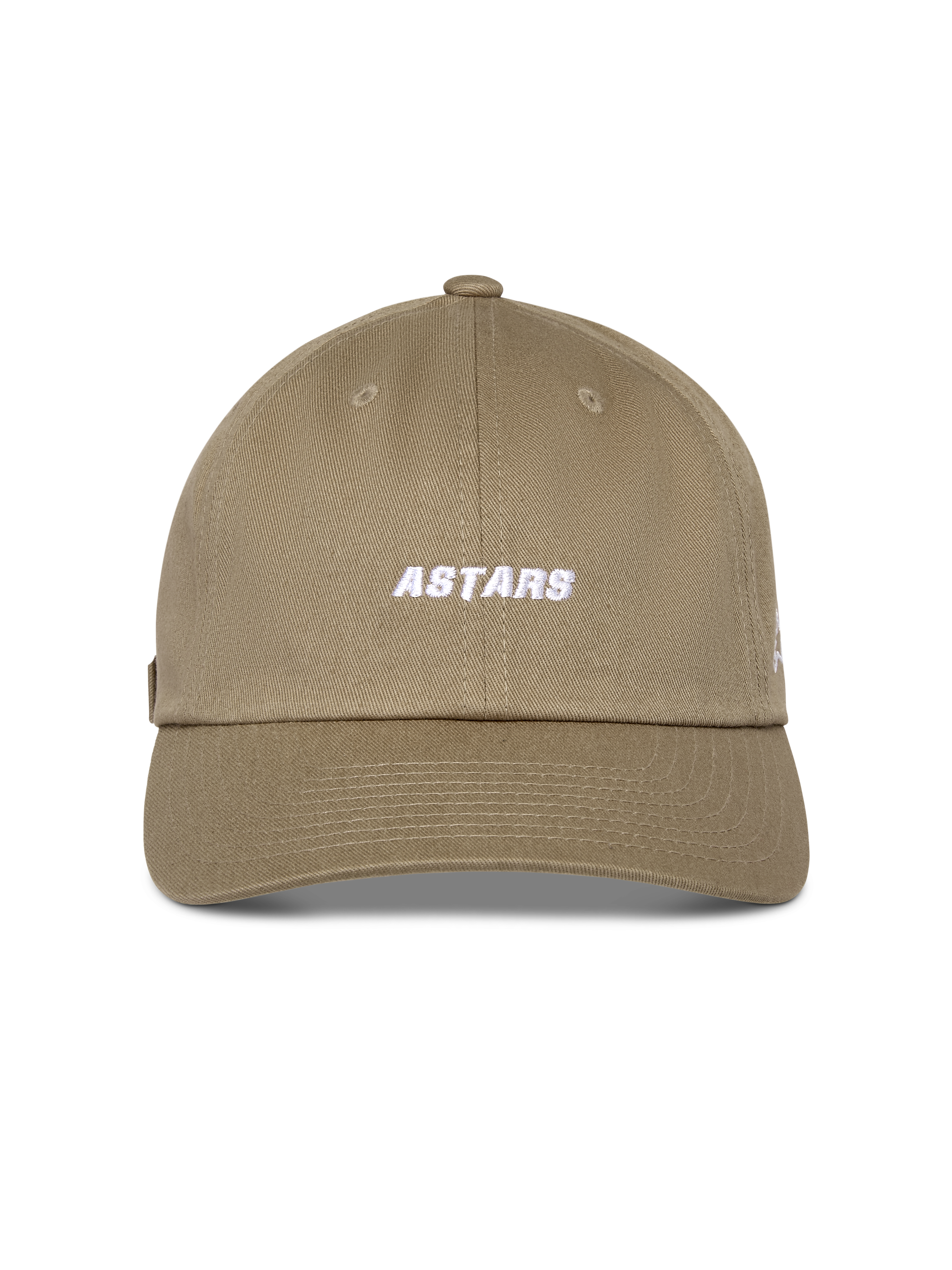 Casquette Alpinestars Deduce Strapback, kaki, couronne basse non structurée avec visière courbée, broderie blanche du mot Astars à l'avant, tissu en sergé de coton, couvre-chef décontracté inspiré du sport automobile