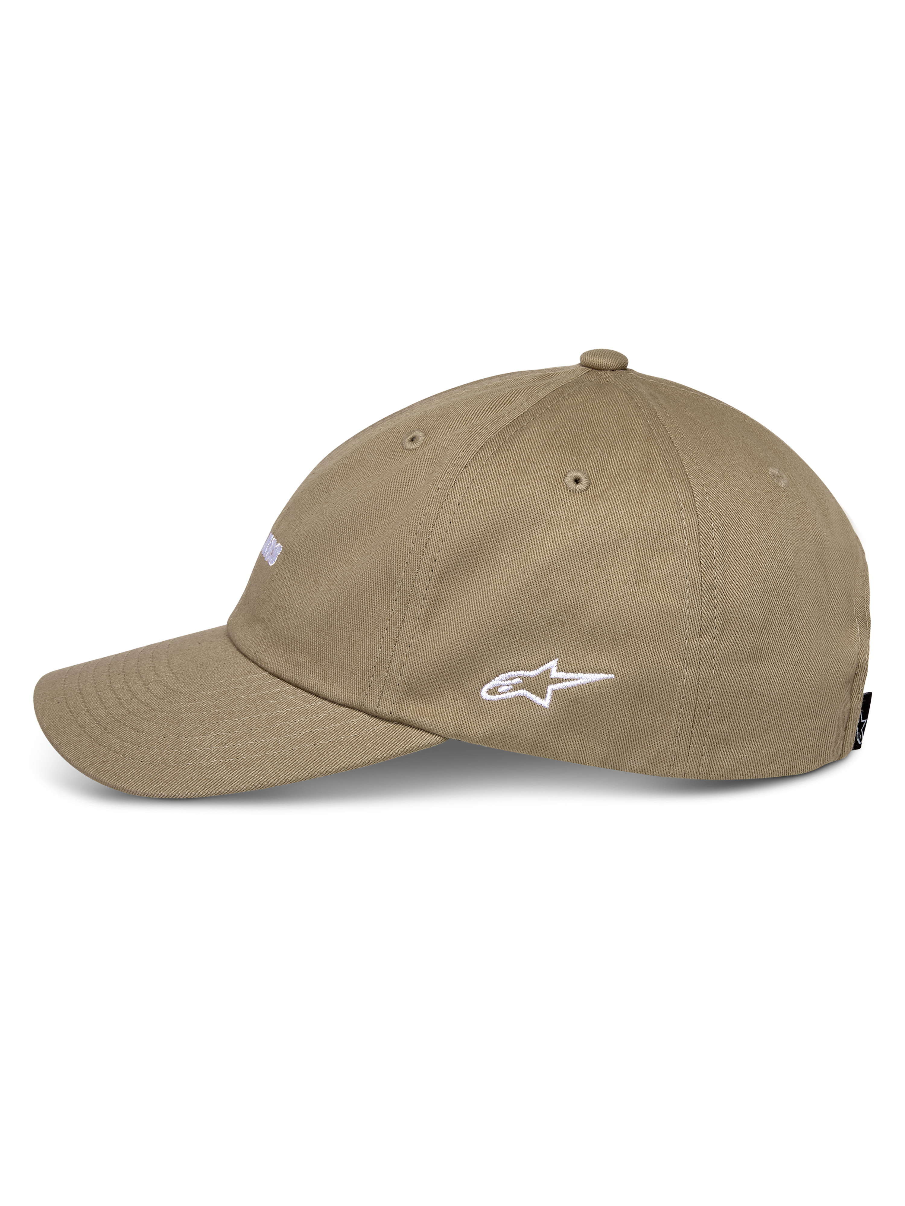 Casquette Alpinestars Deduce Strapback, kaki, vue de profil avec logo Astars blanc brodé, visière courbée, confection en sergé de coton, style streetwear motorsport décontracté
