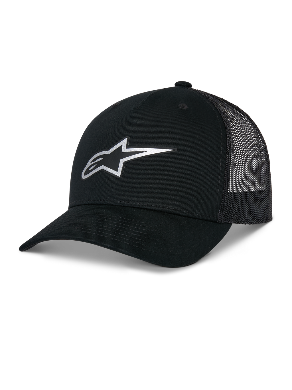 Alpinestars Reflect Ageless Trucker Hat, noir, avec logo Astars argenté réfléchissant sur le devant, visière incurvée et panneaux arrière en mesh, couronne structurée, couvre-chef de sport automobile décontracté