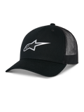 Alpinestars Reflect Ageless Trucker Hat, noir, avec logo Astars argenté réfléchissant sur le devant, visière incurvée et panneaux arrière en mesh, couronne structurée, couvre-chef de sport automobile décontracté