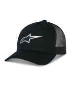 Alpinestars Reflect Ageless Trucker Hat, noir, avec logo Astars argenté réfléchissant sur le devant, visière incurvée et panneaux arrière en mesh, couronne structurée, couvre-chef de sport automobile décontracté