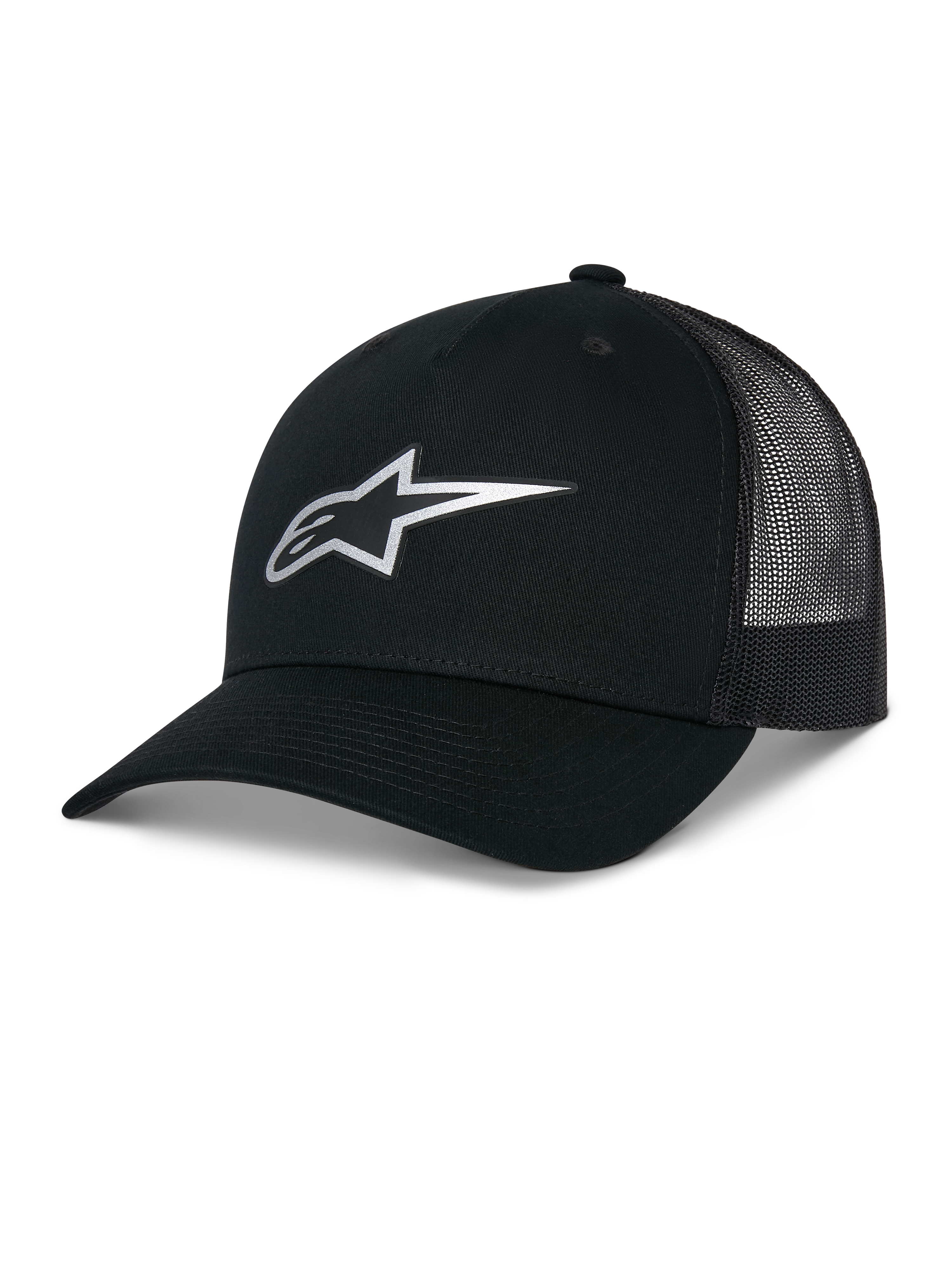 Alpinestars Reflect Ageless Trucker Hat, noir, avec logo Astars argenté réfléchissant sur le devant, visière incurvée et panneaux arrière en mesh, couronne structurée, couvre-chef de sport automobile décontracté