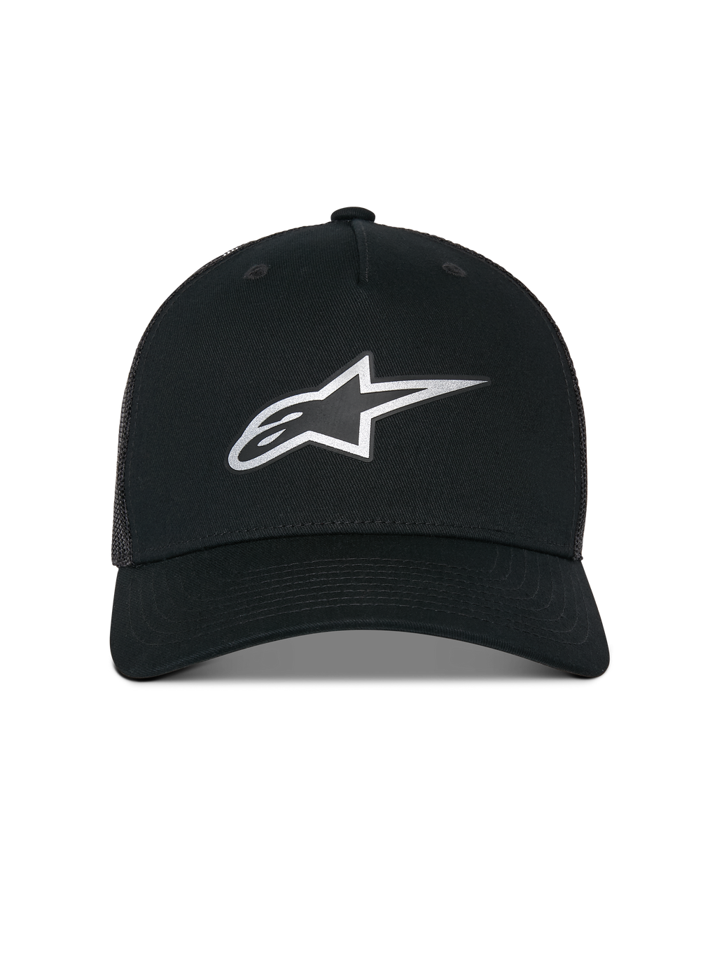 Casquette Trucker Alpinestars Reflect Ageless, casquette trucker, noire, dotée d'un logo Astars argenté réfléchissant sur le devant, d'une couronne structurée avec visière incurvée et d'un arrière en mesh respirant, accessoire décontracté inspiré par le sport automobile